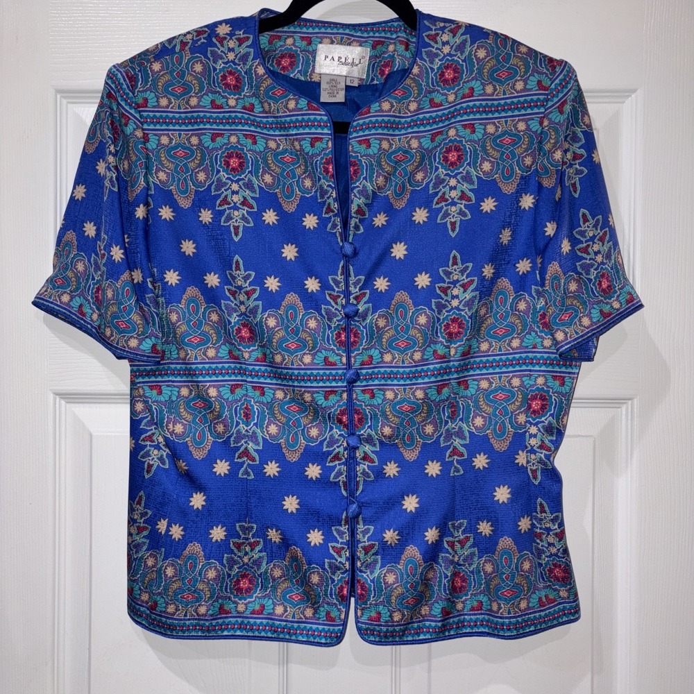 Adrianna Papell Boutique Silk Button Up Blouse Women Size 12 Blue Floral Vintage - Picture 2 of 9